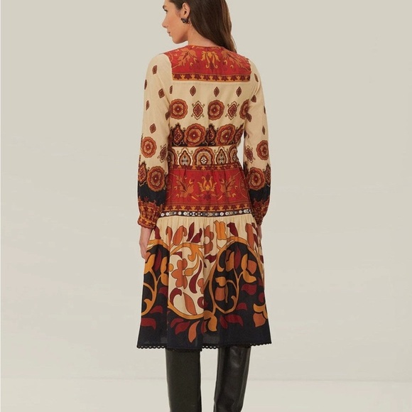 Farm Rio Anthropologie NWT Ainika Cream Midi Dress Sz Xs Boho Long Sleeve - Picture 2 of 12